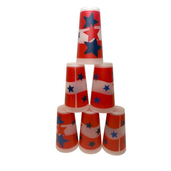 Set Of 6 Vintage Patriotic Star Plastic 6” Tall Tumblers Red Blue Americana - Picture 2 of 6